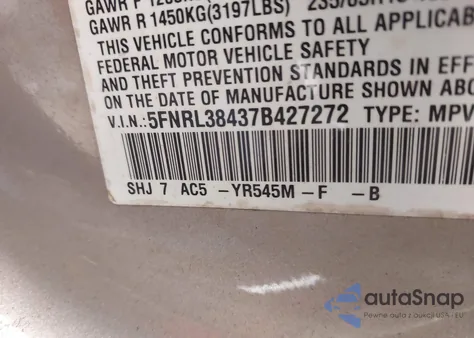 2007 Honda Odyssey Ex из США, поврежденный, VIN 5FNRL38437B427272